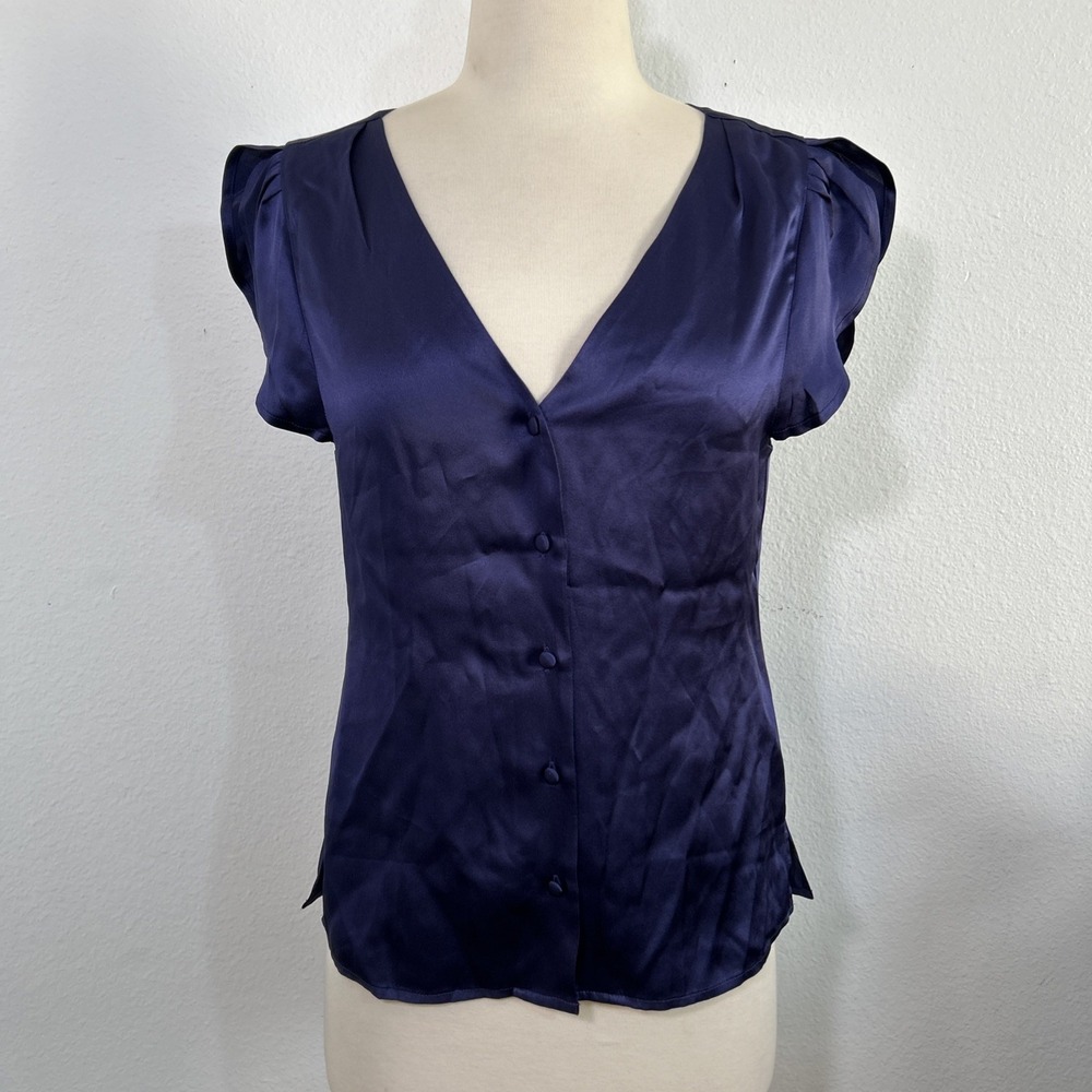 More Sunday Top‎ Womens S Navy Silk Satin Cap Sleeve Office Siren Romantic Y2K - Picture 2 of 11